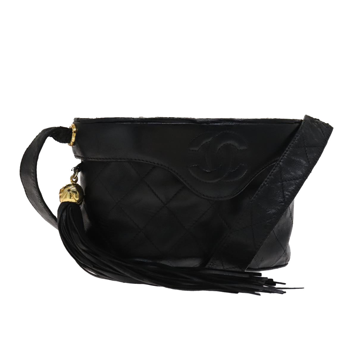 CHANEL Matelasse Shoulder Bag Lamb Skin Gold Black CC bs21318