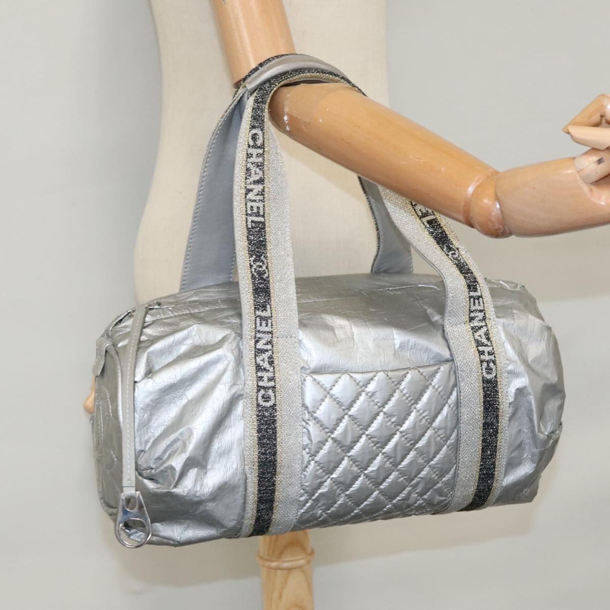 CHANEL Sports Hand Bag Coated Canvas Silver CC bs21669