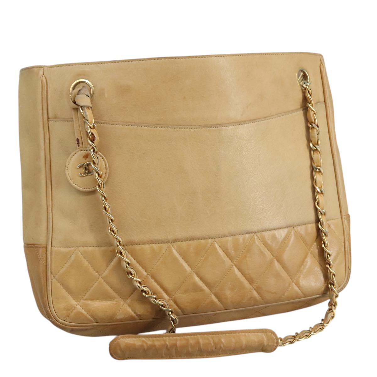 CHANEL Matelasse Chain Tote Bag Lamb Skin Beige Gold CC bs21670
