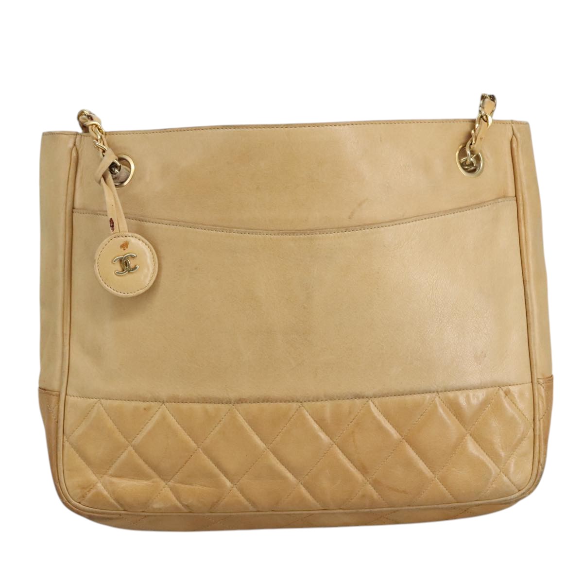 CHANEL Matelasse Chain Tote Bag Lamb Skin Beige Gold CC bs21670
