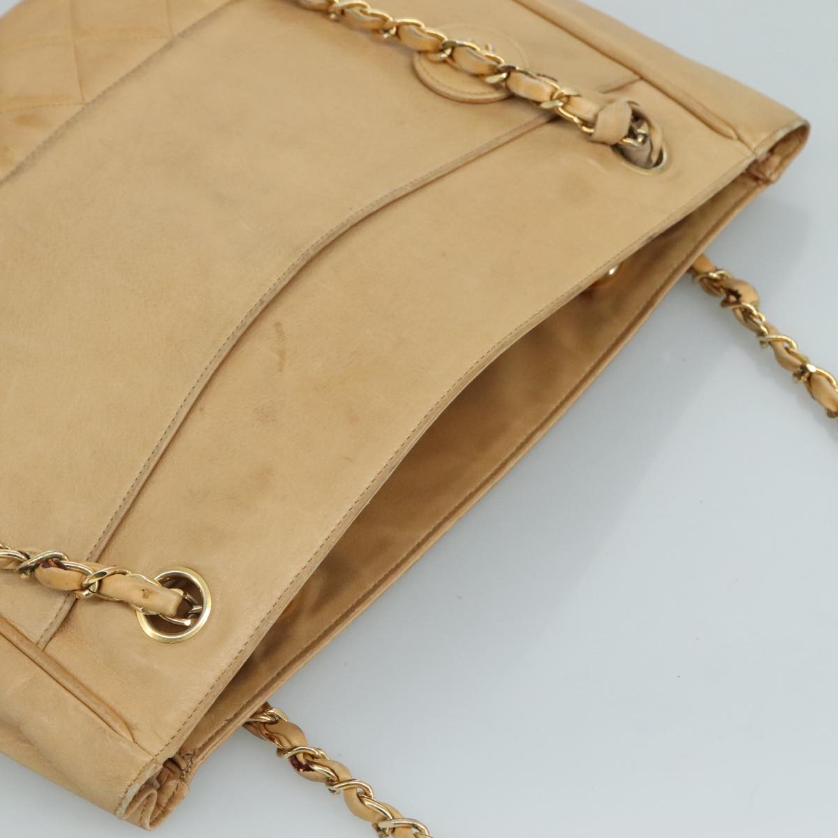 CHANEL Matelasse Chain Tote Bag Lamb Skin Beige Gold CC bs21670