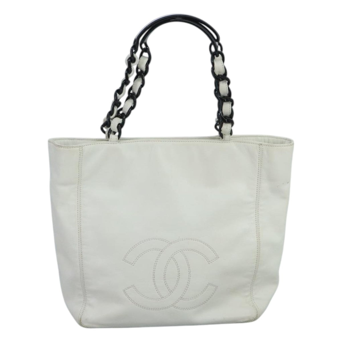 CHANEL Tote Bag Lamb Skin White CC bs21711