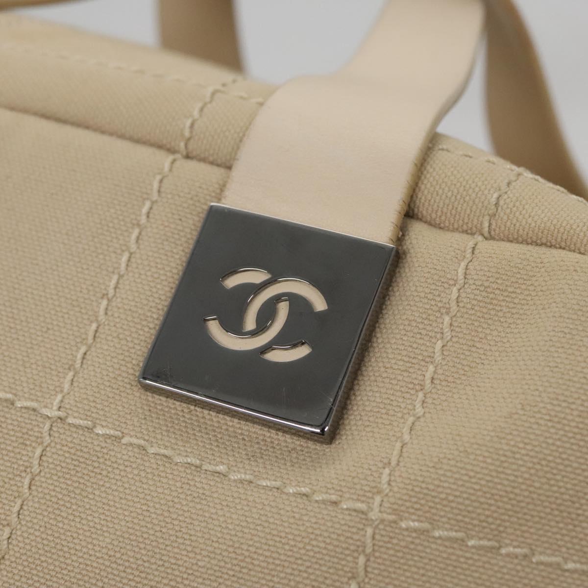 CHANEL Choco Bar Hand Bag Canvas Beige Silver CC bs22254