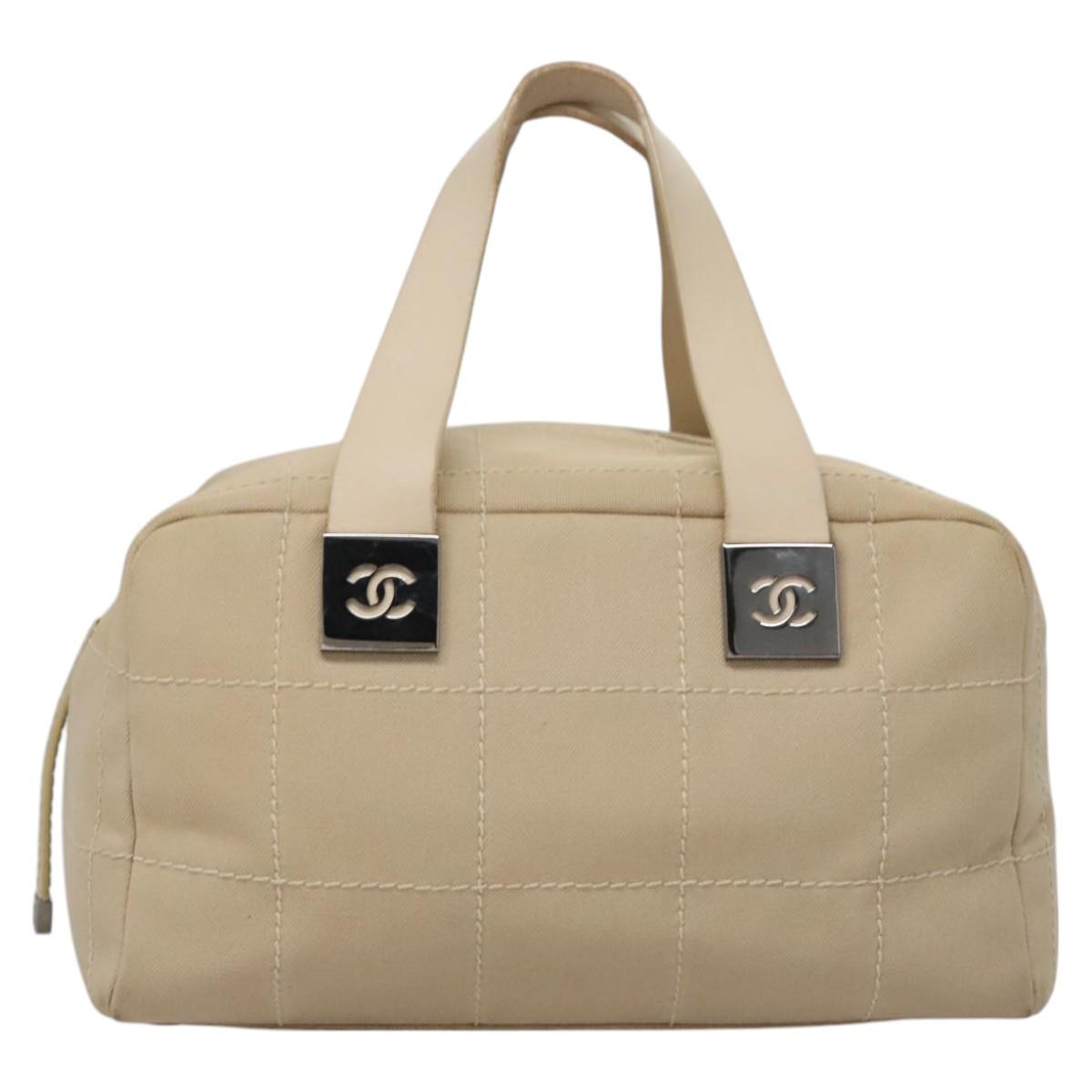 CHANEL Choco Bar Hand Bag Canvas Beige Silver CC bs22254