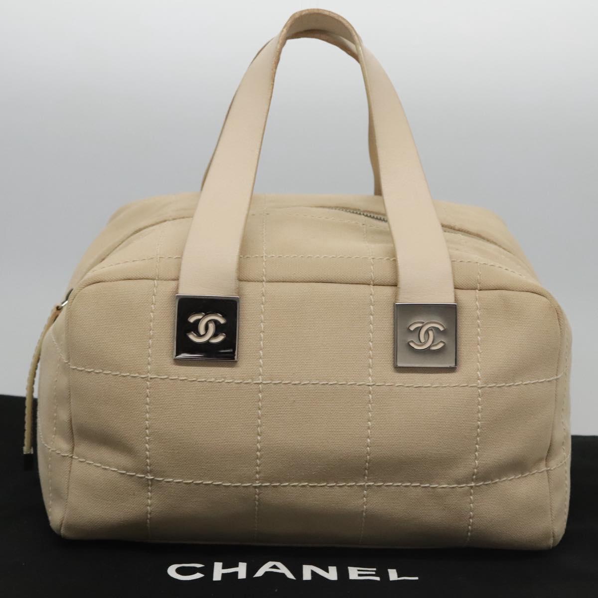 CHANEL Choco Bar Hand Bag Canvas Beige Silver CC bs22254