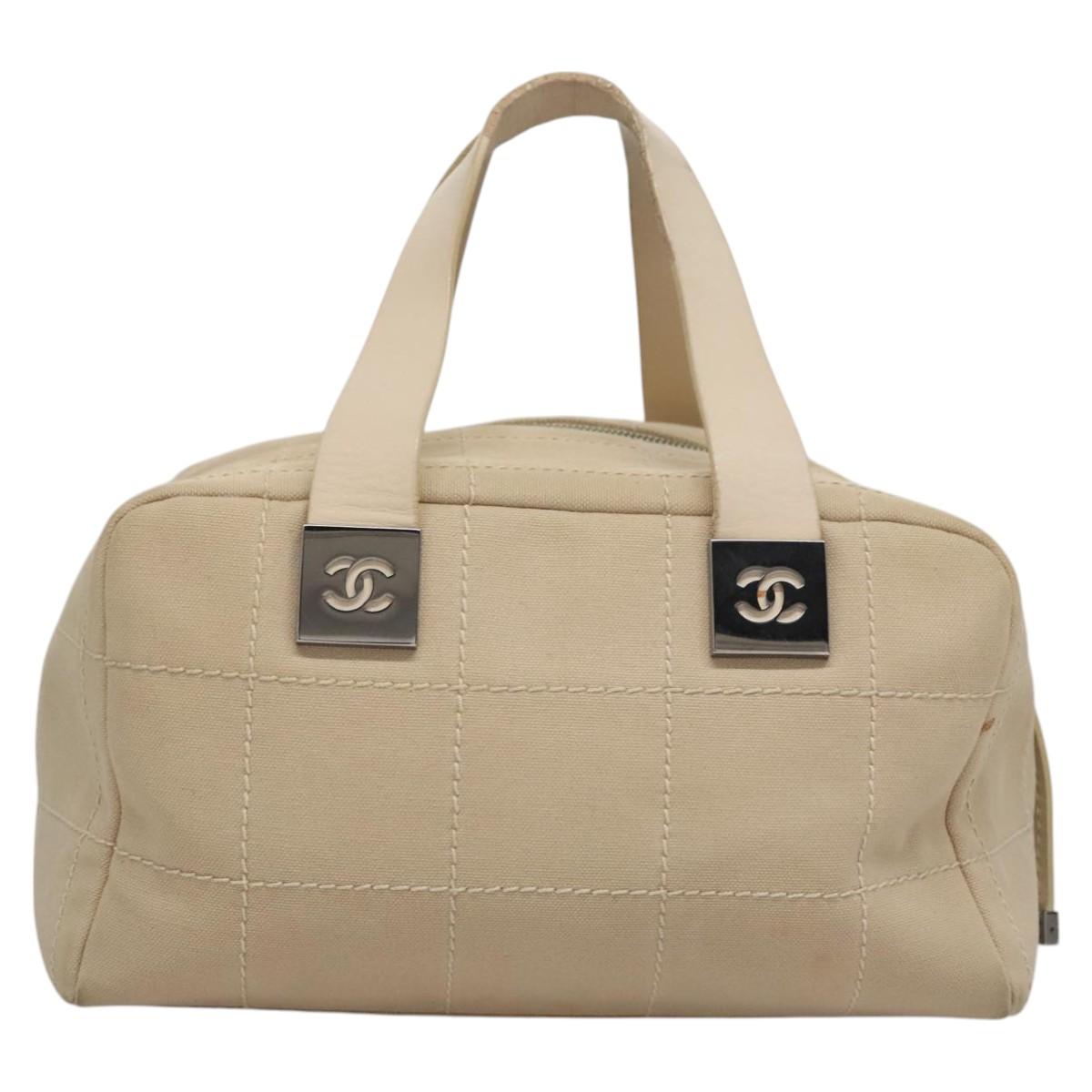 CHANEL Choco Bar Hand Bag Canvas Beige Silver CC bs22254