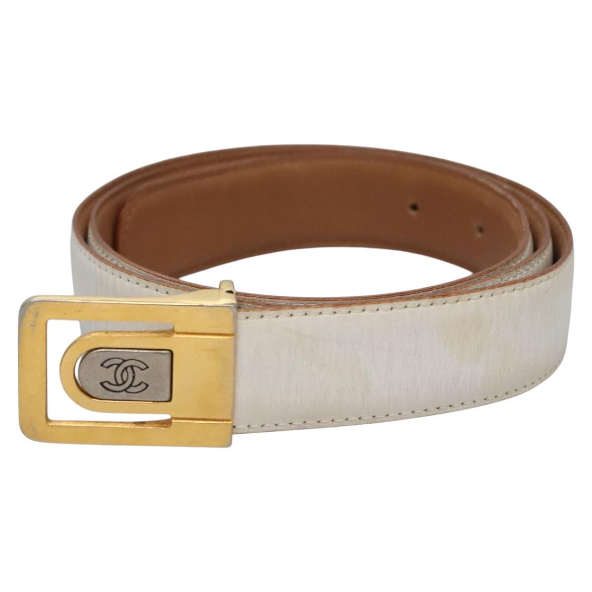 CHANEL Belt Leather 40.9"" Gold White CC bs22410