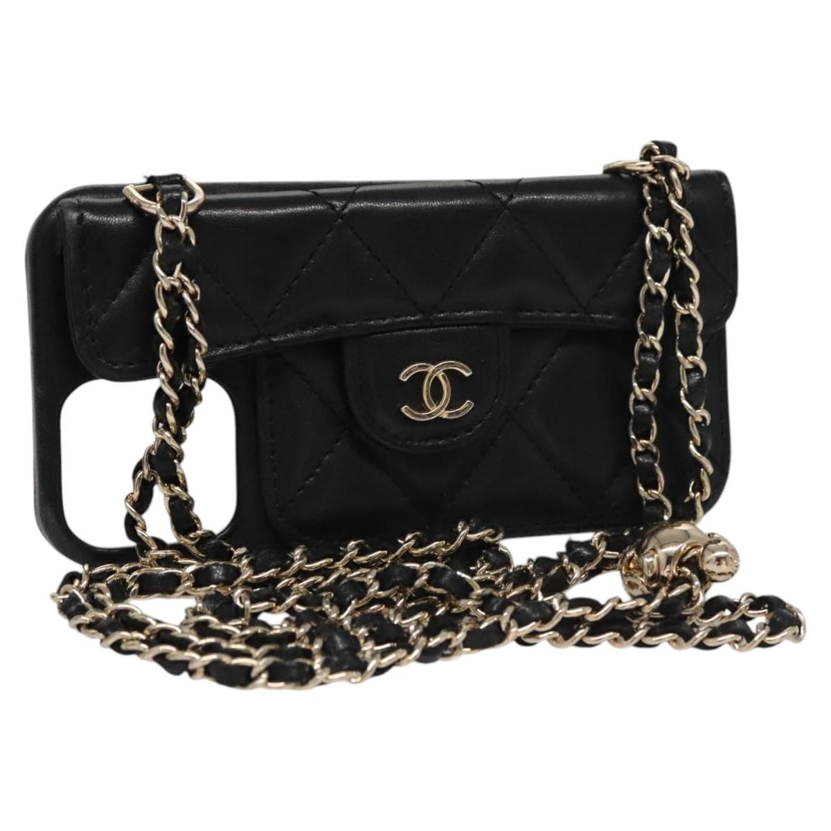CHANEL Chain Phone Case Lamb Skin Black Gold CC bs22420