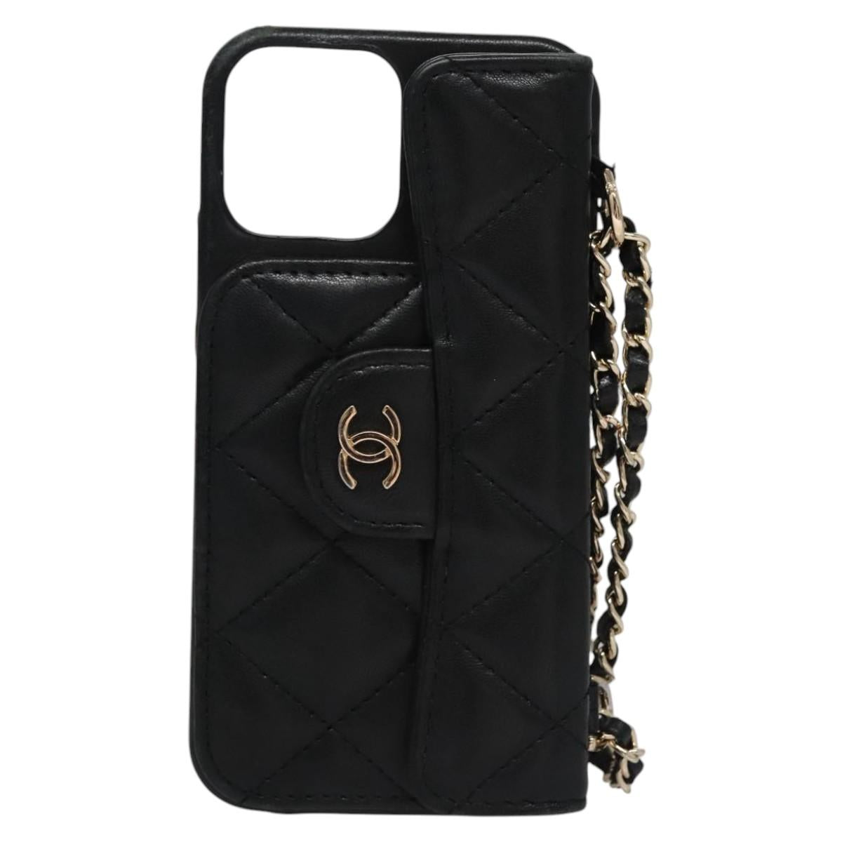CHANEL Chain Phone Case Lamb Skin Black Gold CC bs22420