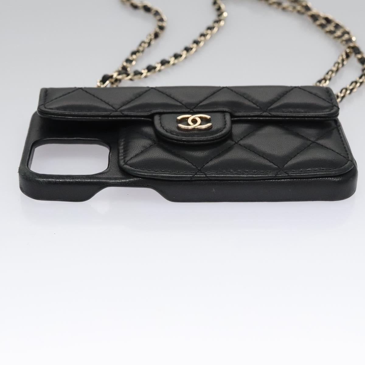 CHANEL Chain Phone Case Lamb Skin Black Gold CC bs22420