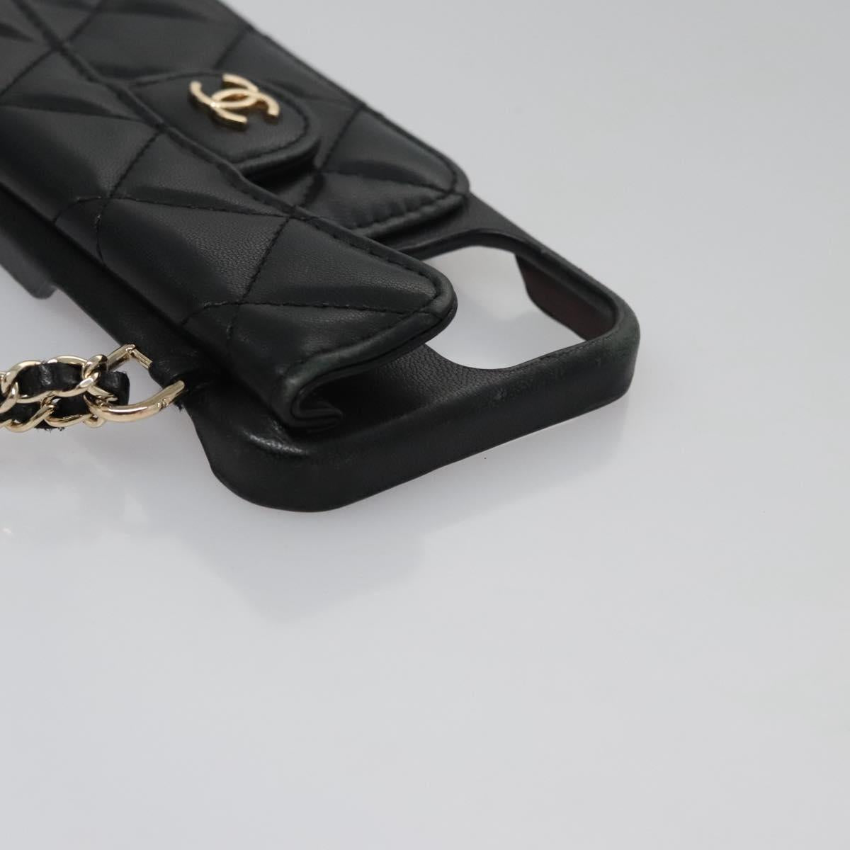 CHANEL Chain Phone Case Lamb Skin Black Gold CC bs22420