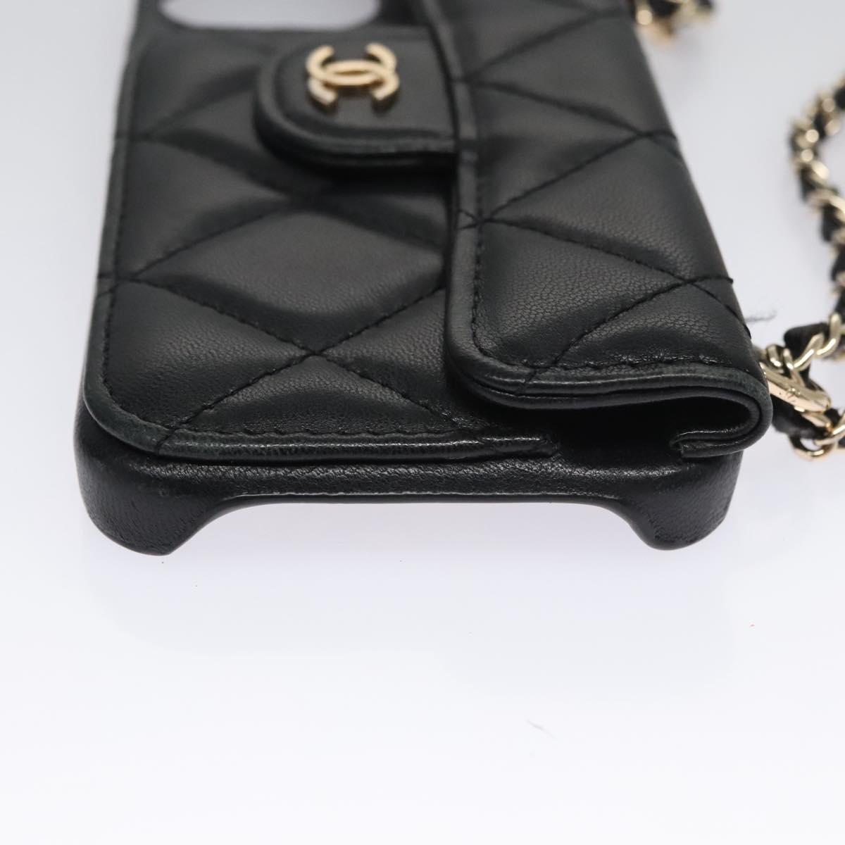 CHANEL Chain Phone Case Lamb Skin Black Gold CC bs22420