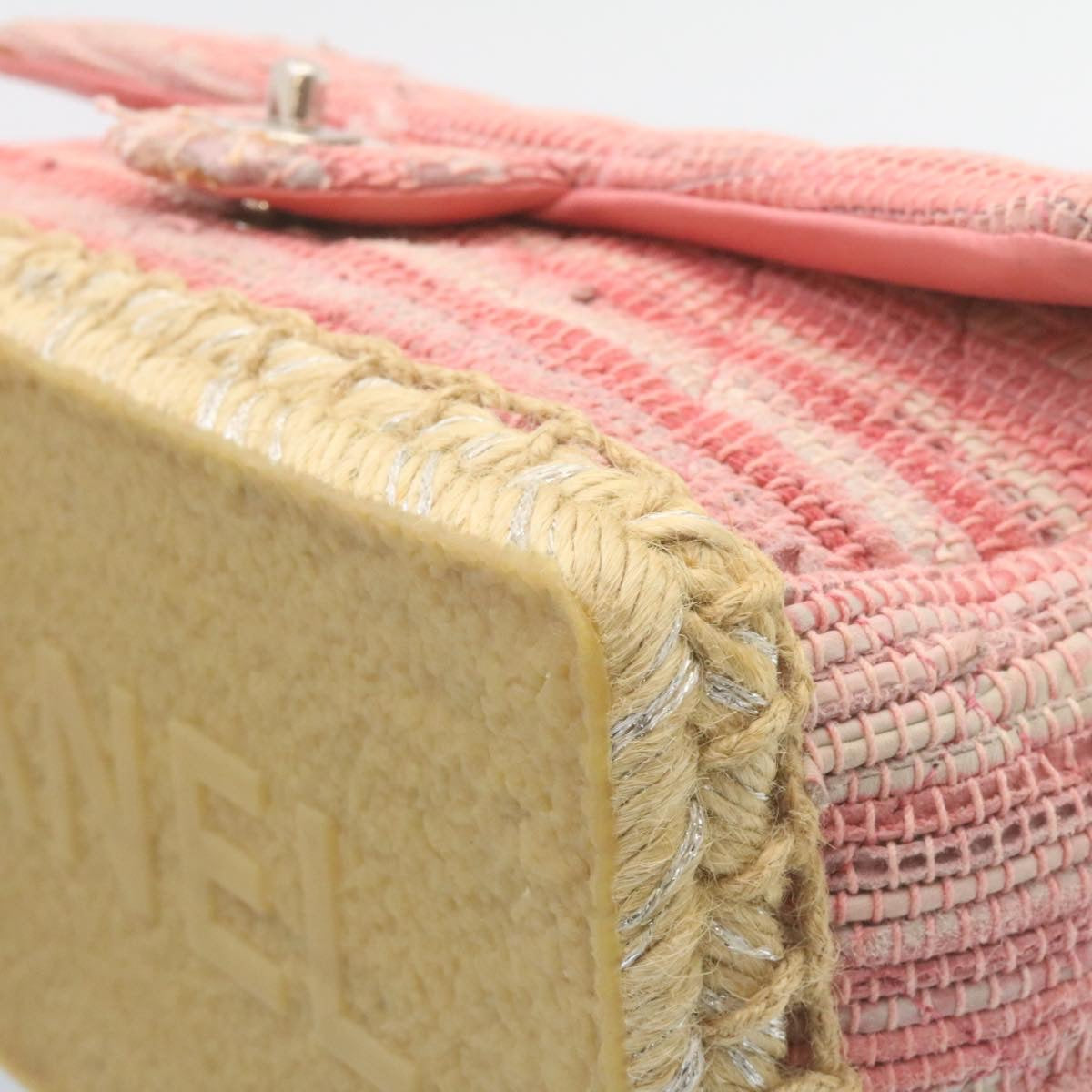 CHANEL Chain Flap Shoulder Bag Turn Lock Canvas Pink CC bs334A