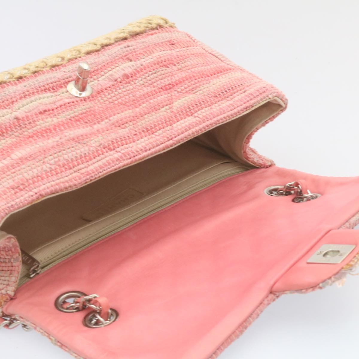 CHANEL Chain Flap Shoulder Bag Turn Lock Canvas Pink CC bs334A