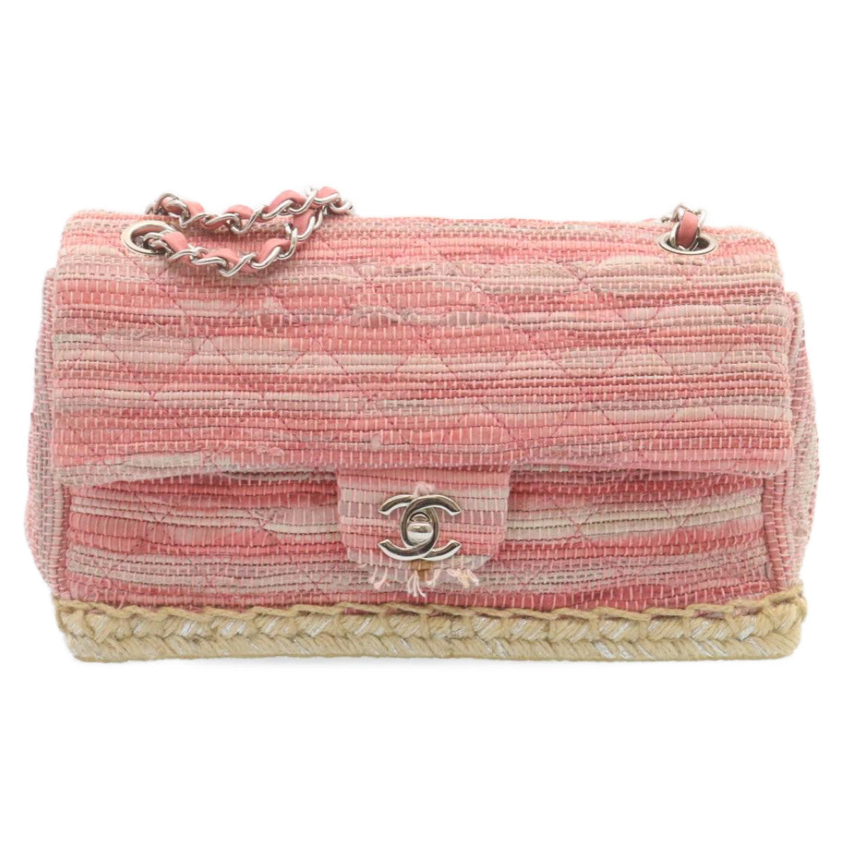 CHANEL Chain Flap Shoulder Bag Turn Lock Canvas Pink CC bs334A
