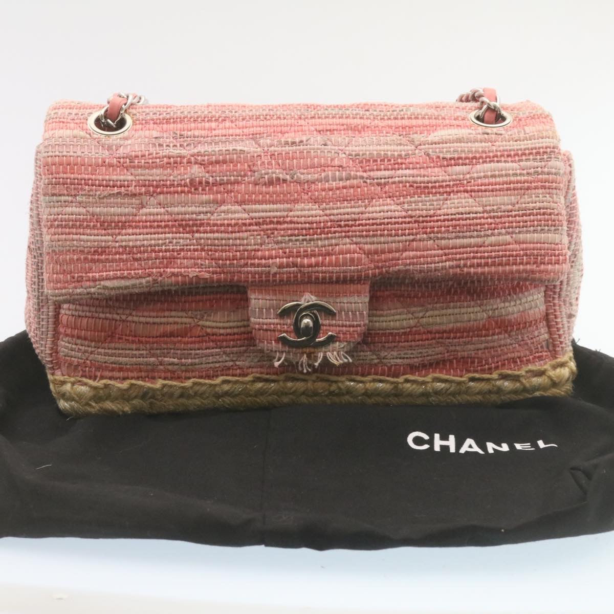 CHANEL Chain Flap Shoulder Bag Turn Lock Canvas Pink CC bs334A