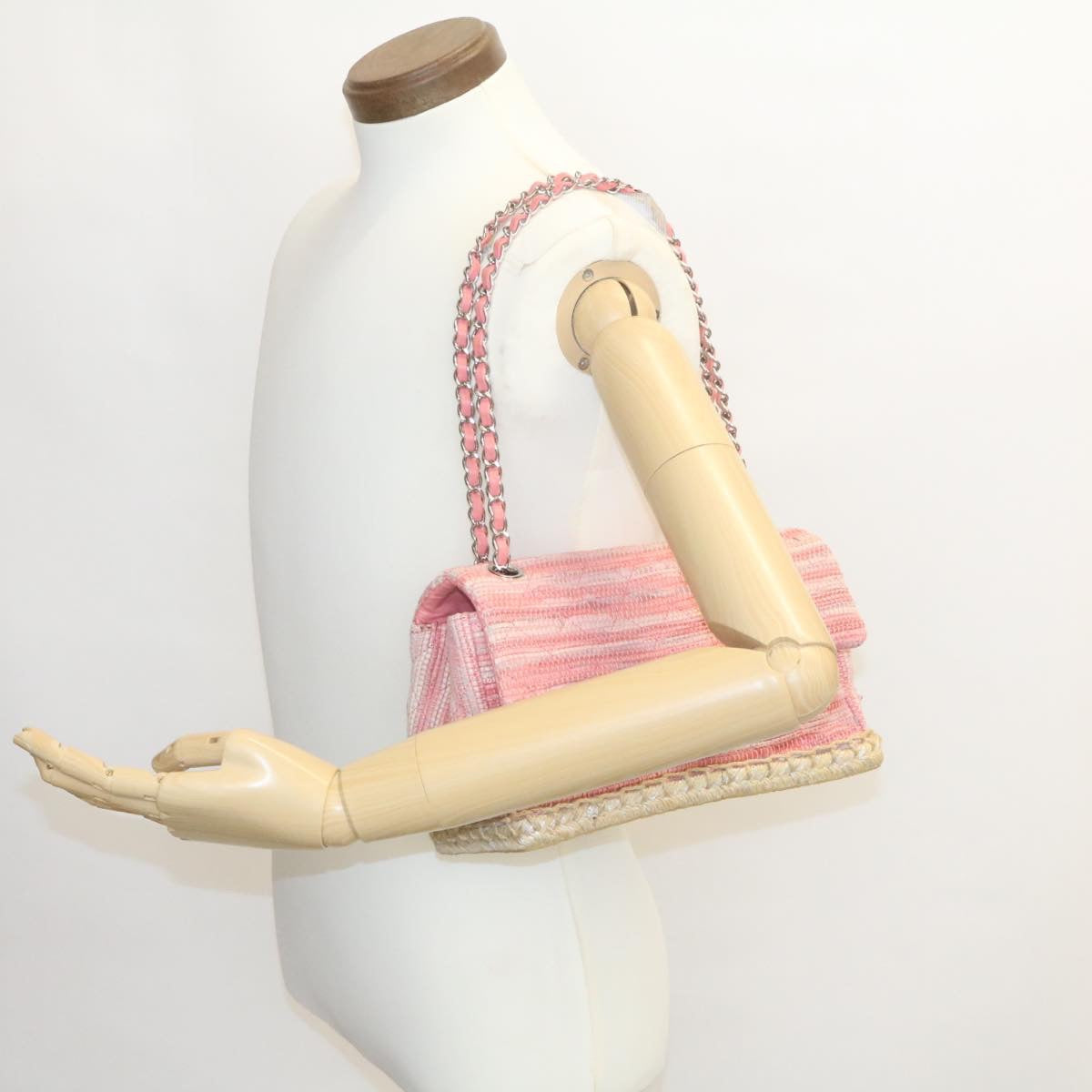 CHANEL Chain Flap Shoulder Bag Turn Lock Canvas Pink CC bs334A