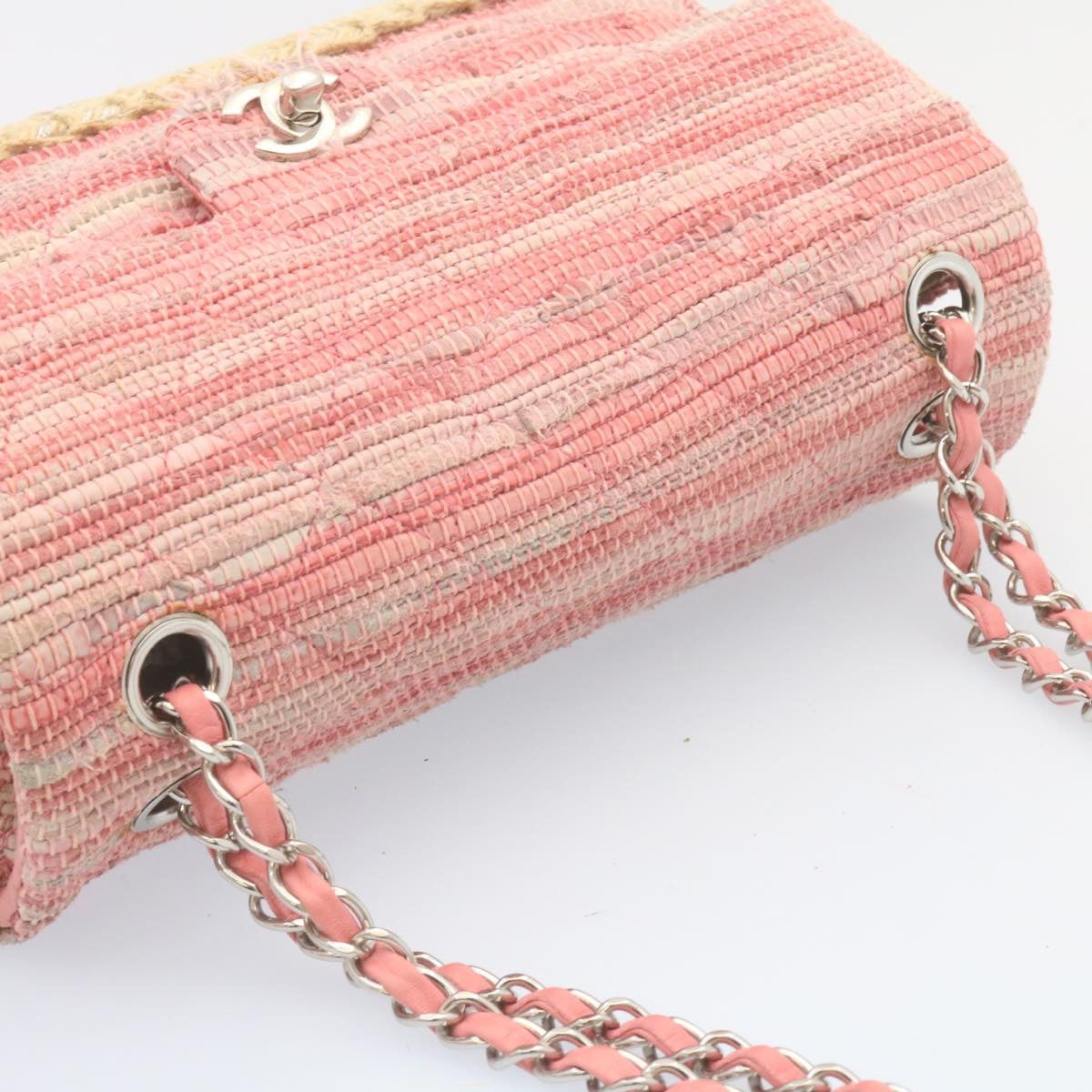 CHANEL Chain Flap Shoulder Bag Turn Lock Canvas Pink CC bs334A