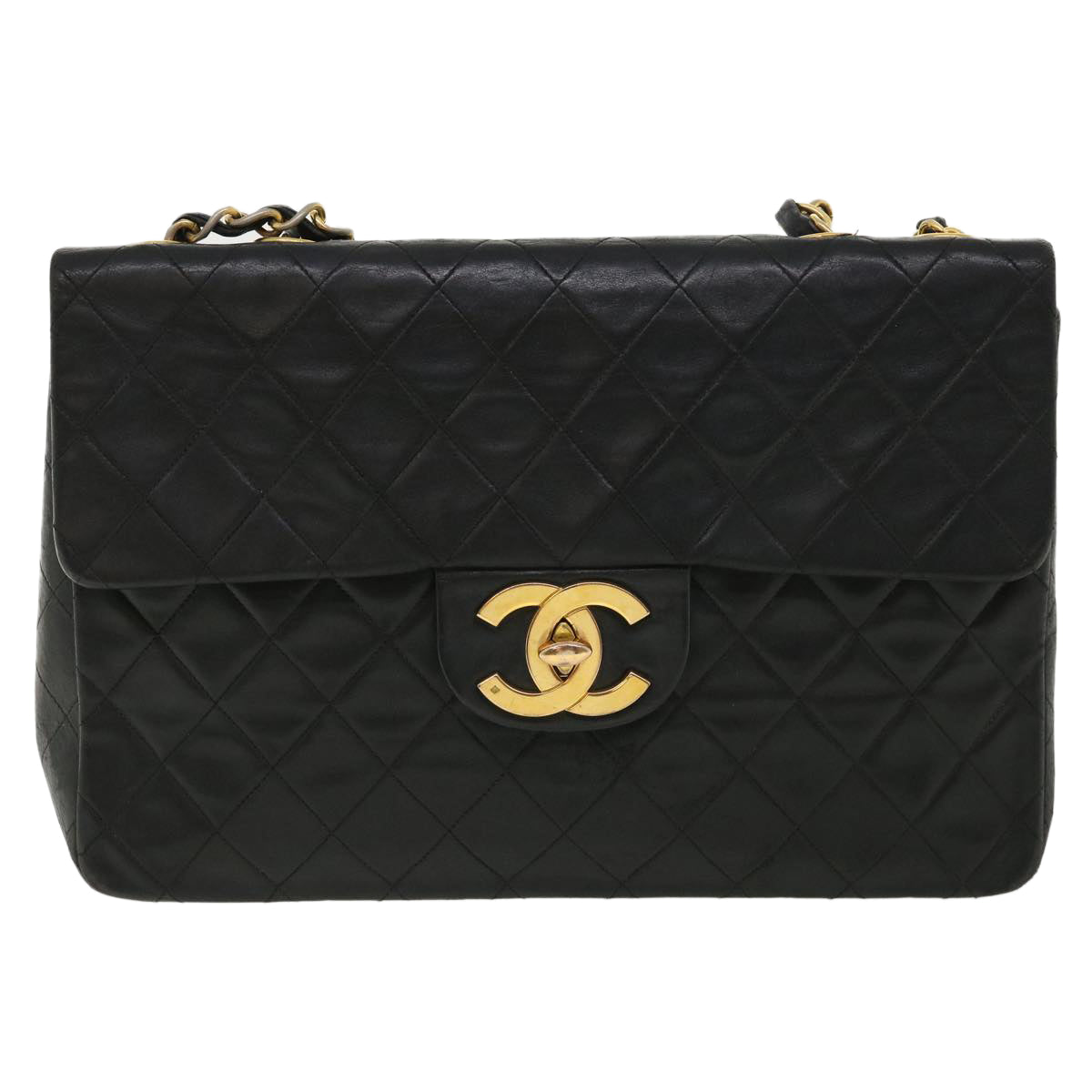CHANEL Big Matelasse Double Chain Shoulder Bag Lamb Skin Black CC bs3702