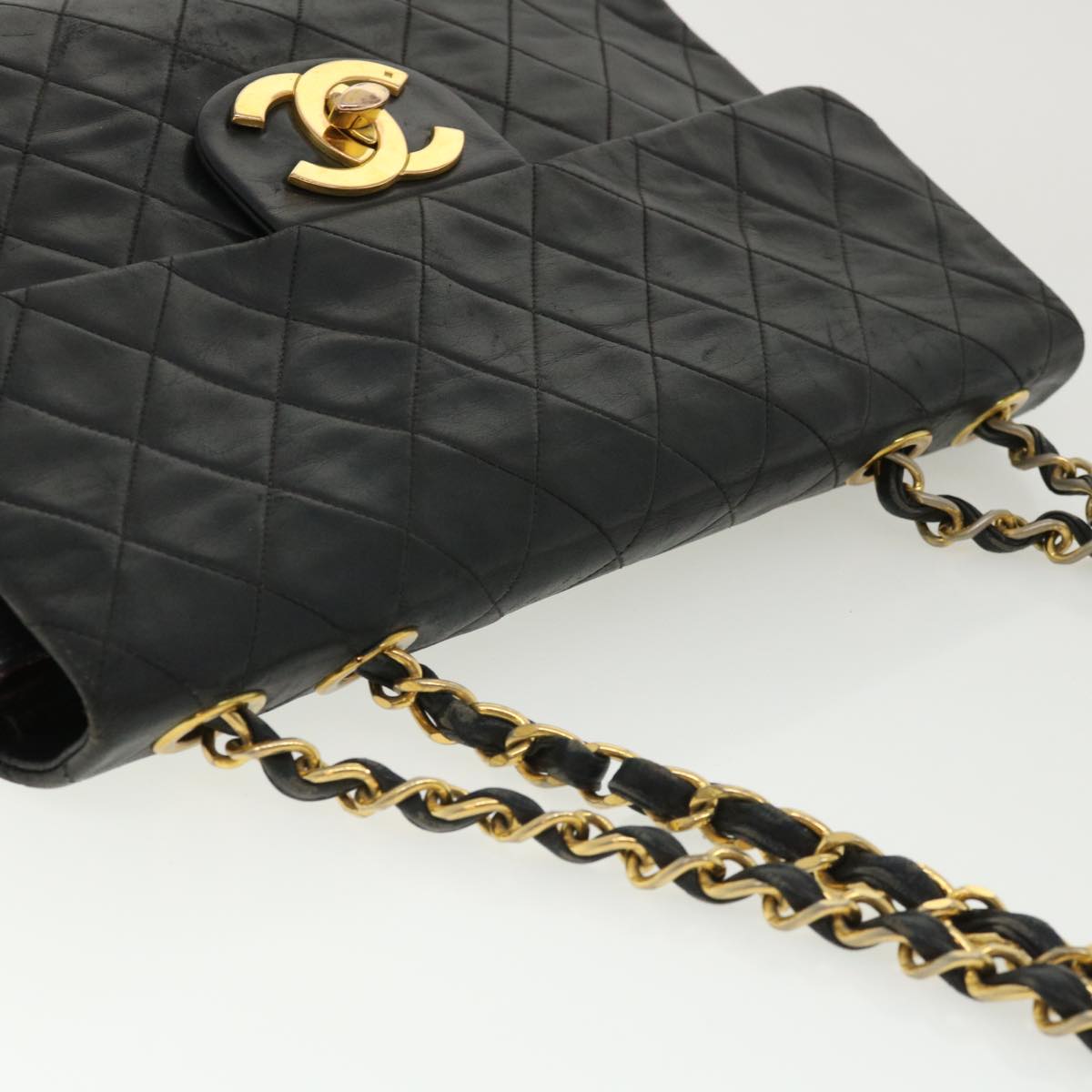 CHANEL Big Matelasse Double Chain Shoulder Bag Lamb Skin Black CC bs3702