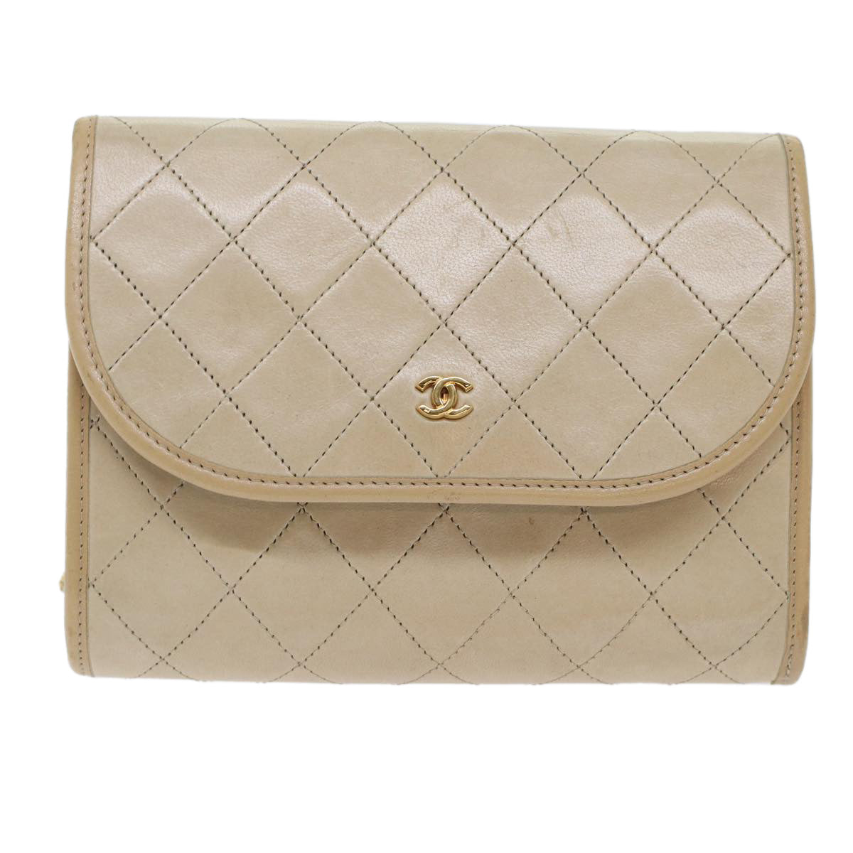 CHANEL Chain Shoulder Bag Lamb Skin Beige CC bs7081