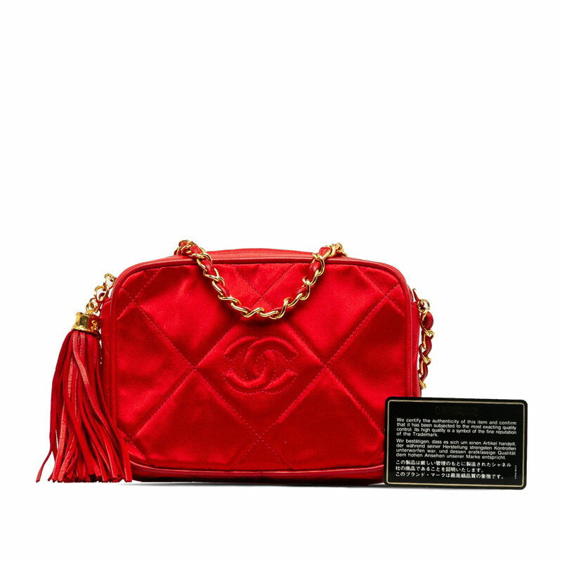 Chanel Matelasse Coco Mark Fringe Chain Shoulder Bag Red Leather Satin
