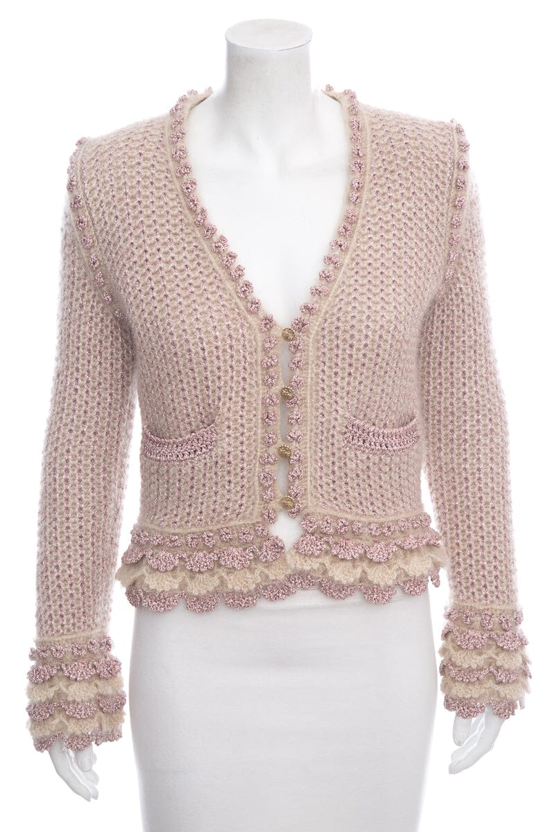 Chanel 2004 Fall Pink Shimmer Button Up Sweater SZ 38