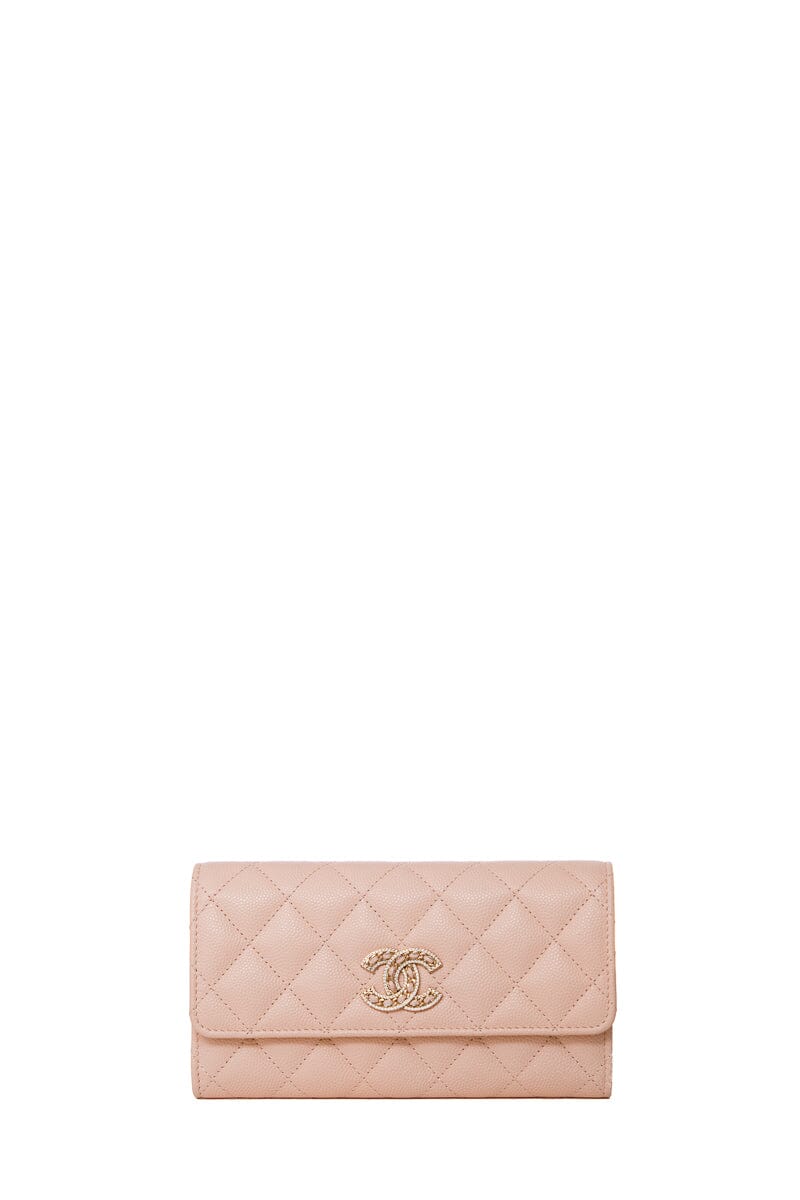 Chanel Light Pink Caviar Quilted Crystal CC Large Gusset Flap Wallet