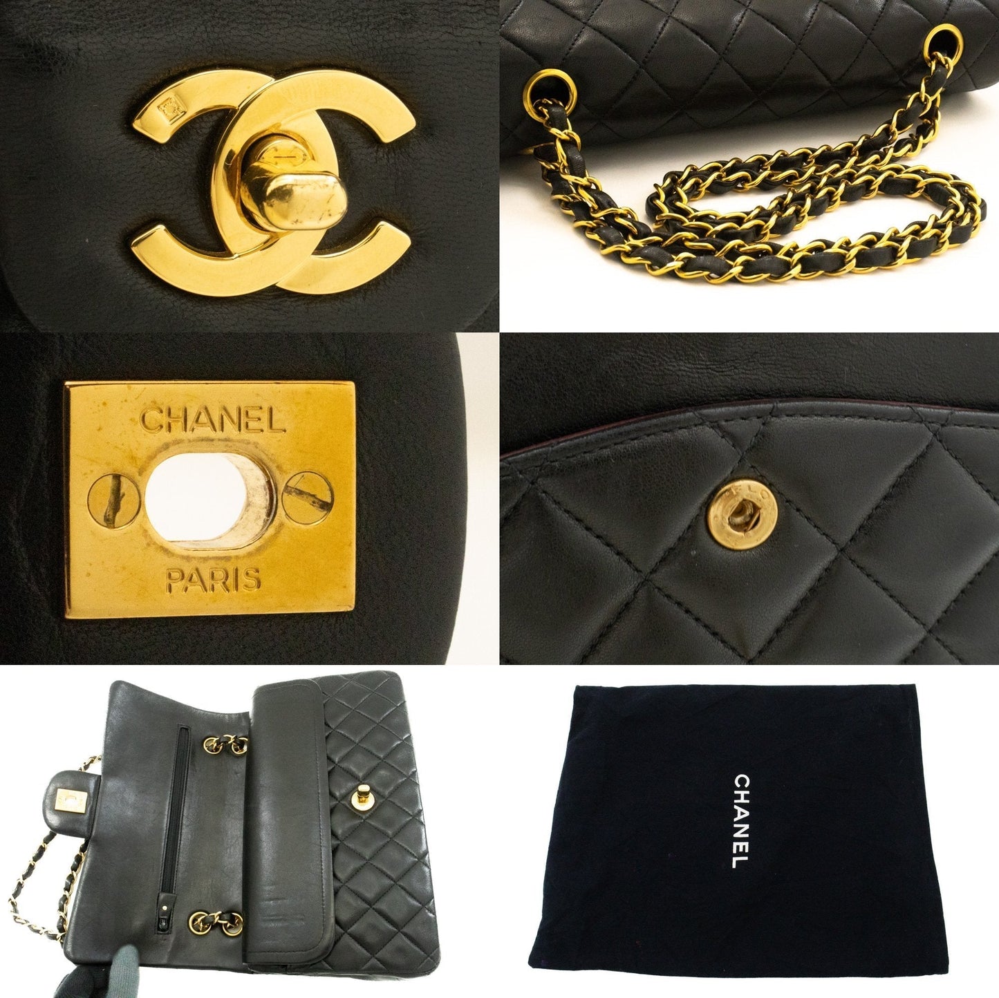 CHANEL Classic Double Flap 10" Chain Shoulder Bag Black Lambskin k49