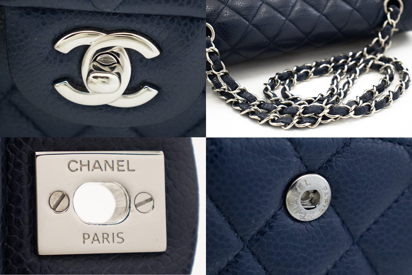 CHANEL Navy Caviar Double Flap Chain Shoulder Bag Quilted Leather j44