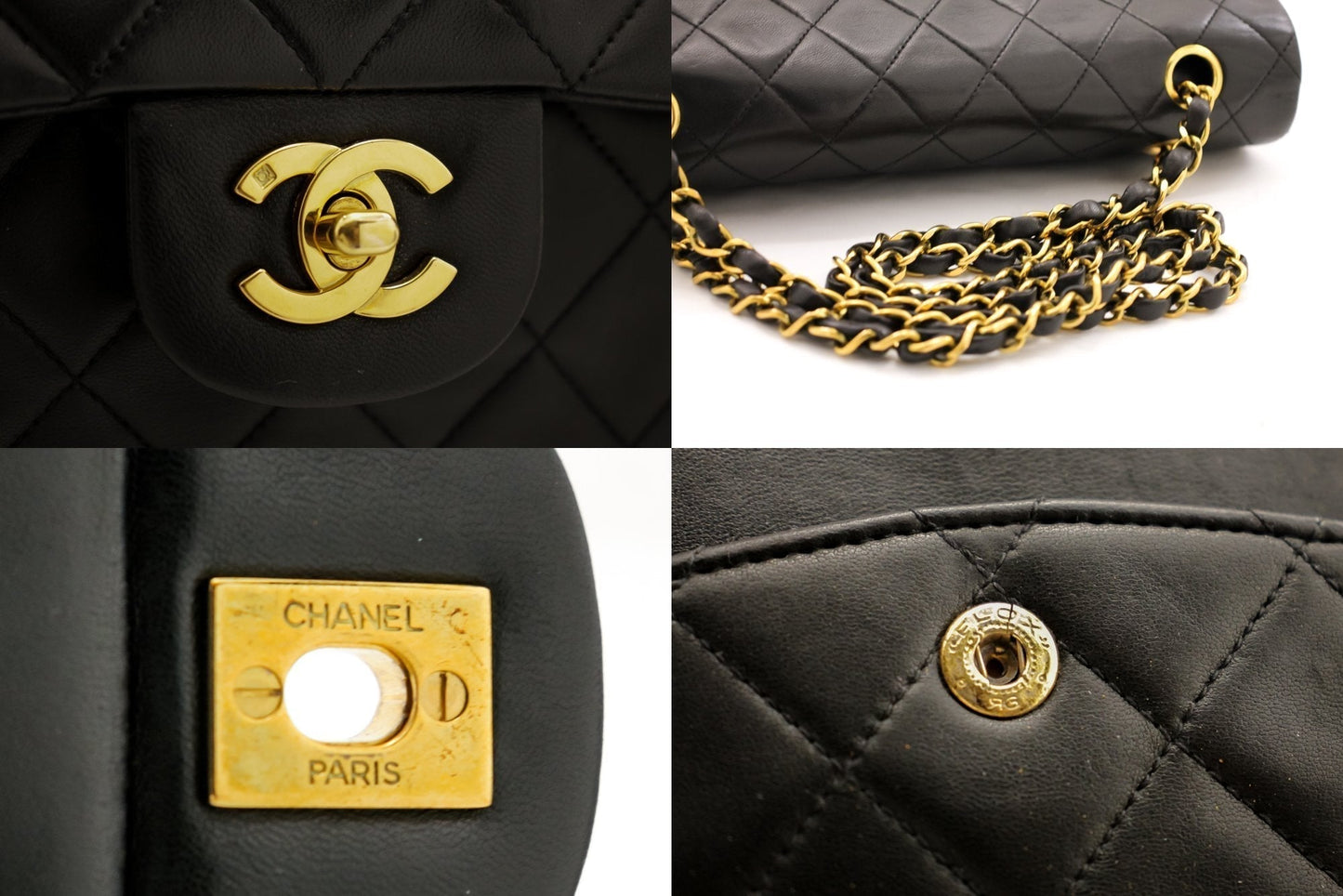 CHANEL Classic Double Flap 10" Chain Shoulder Bag Black Lambskin i68