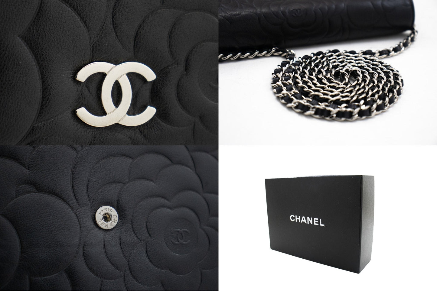 CHANEL Black Camellia Embossed Wallet On Chain WOC Shoulder Bag k68