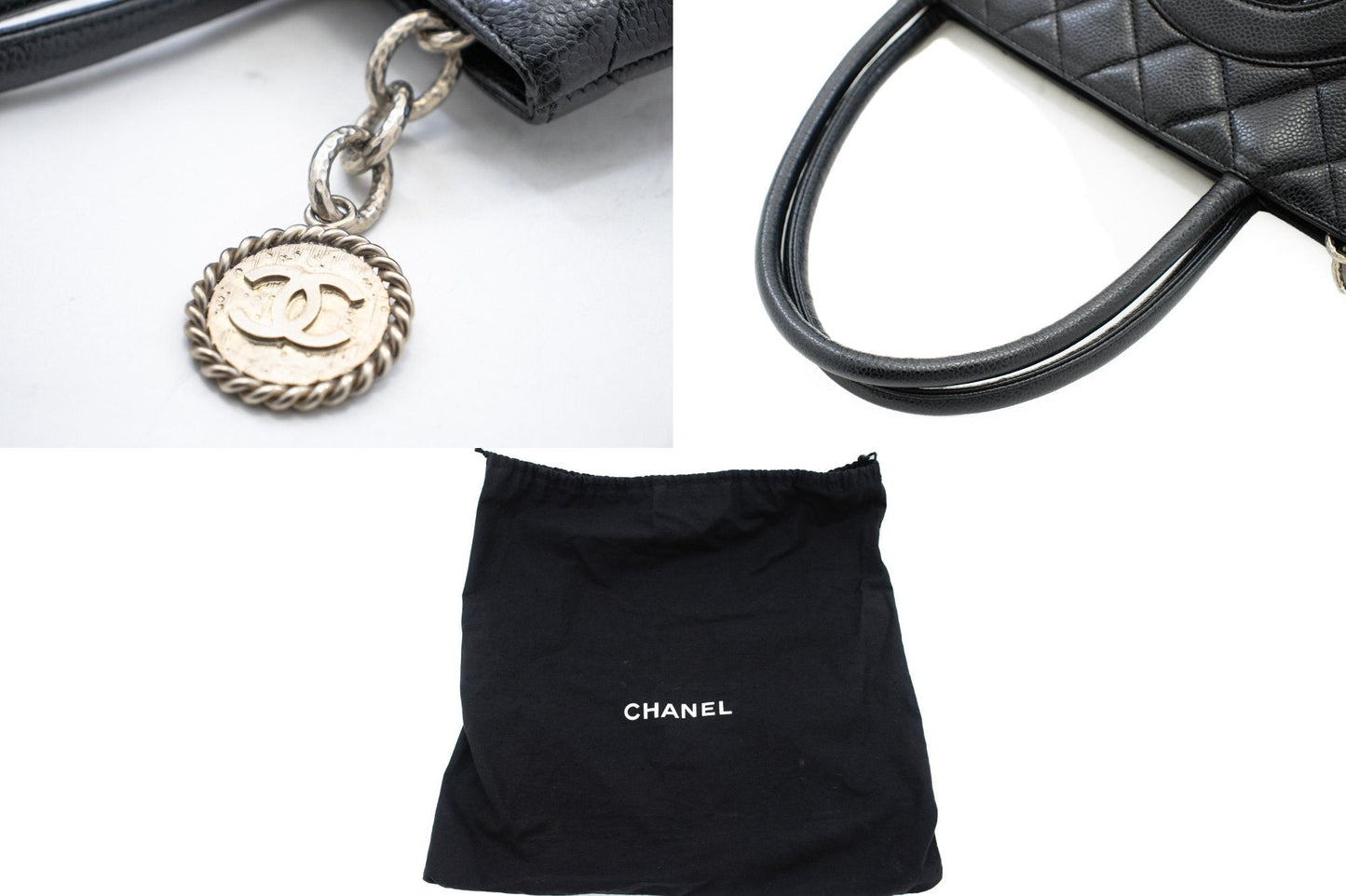 CHANEL Silver Medallion Caviar Shoulder Bag Shopping Tote Black SV k57