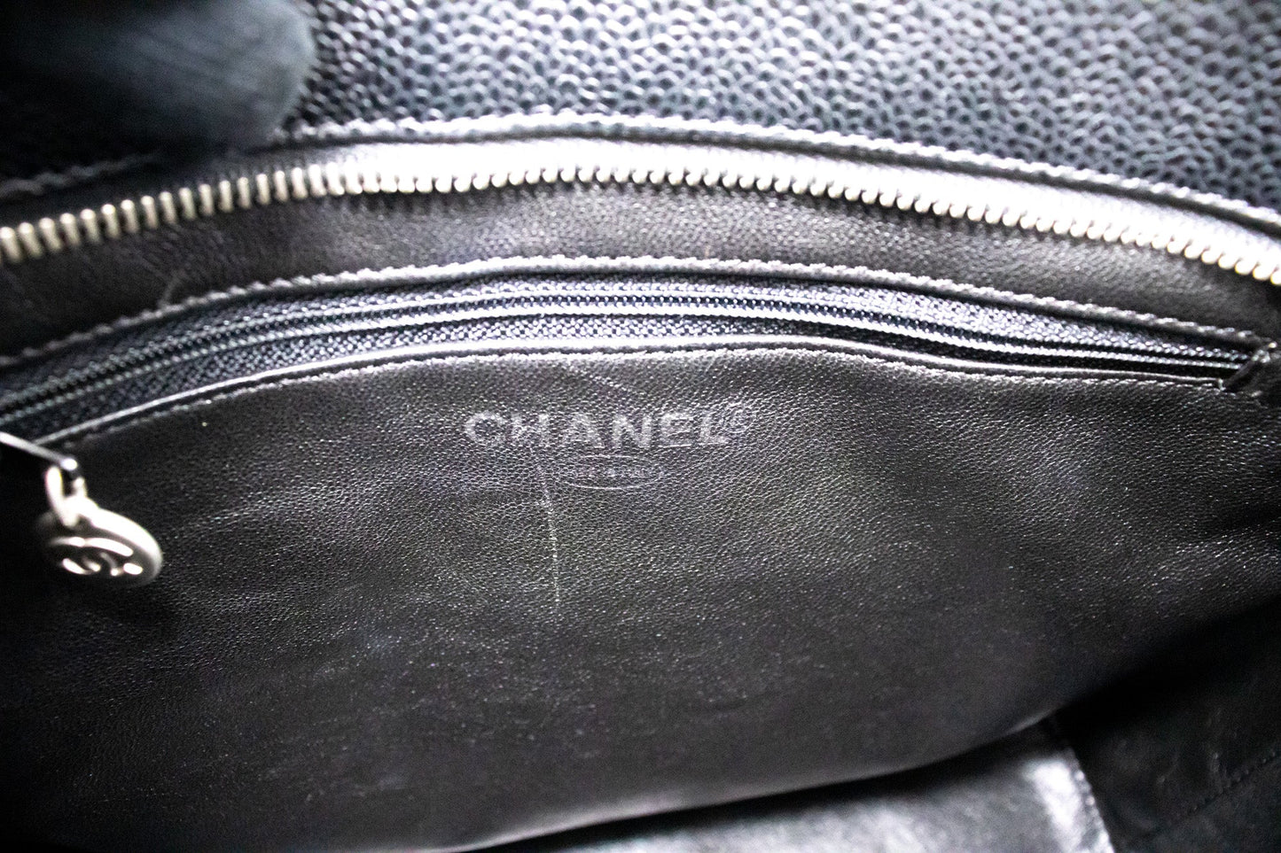 CHANEL Silver Medallion Caviar Shoulder Bag Shopping Tote Black SV k57
