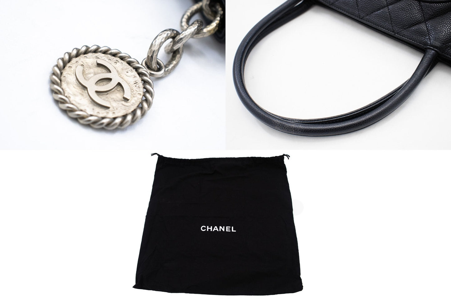 CHANEL Silver Medallion Caviar Shoulder Bag Shopping Tote Black k56