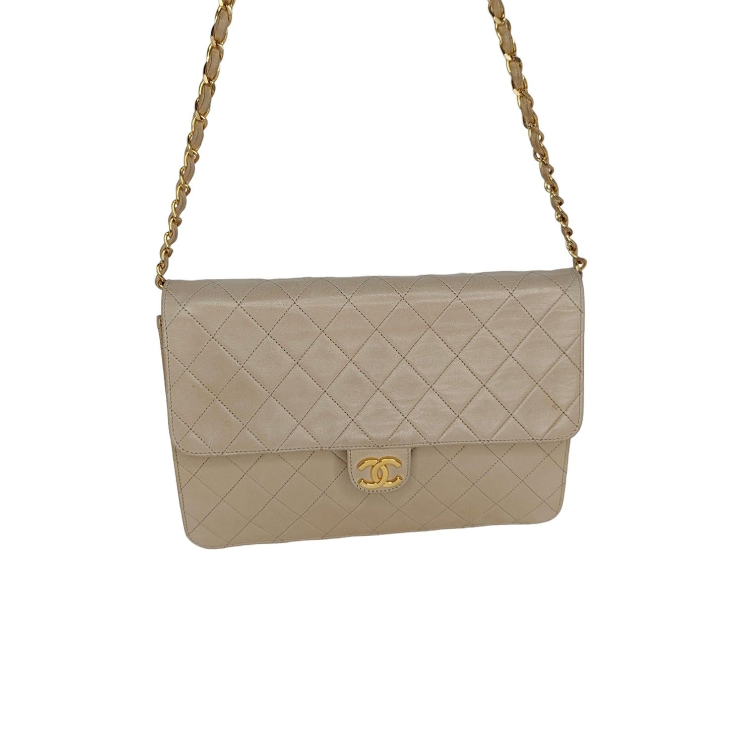 Chanel Vintage Beige Quilted Lambskin Medium Flap Bag