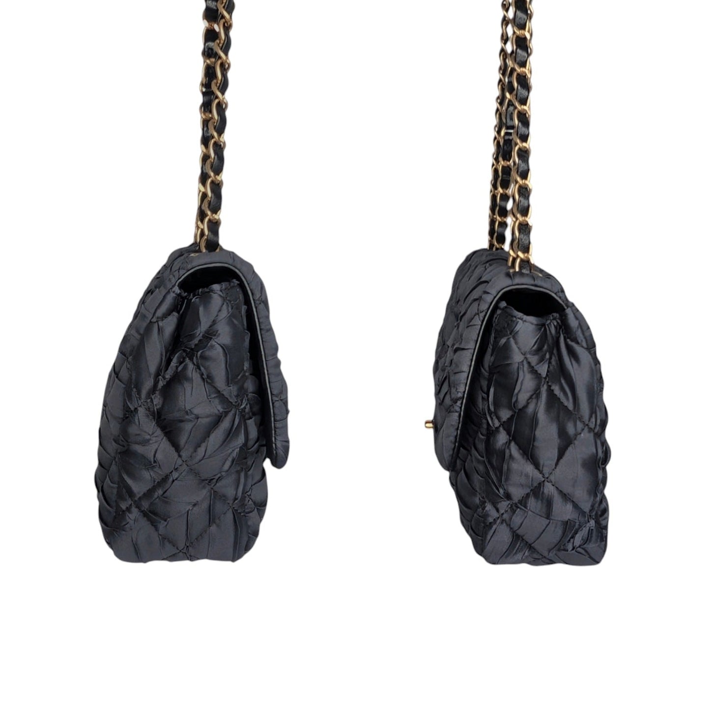 Chanel Black Satin Quilted Pleated Medium Single Flap