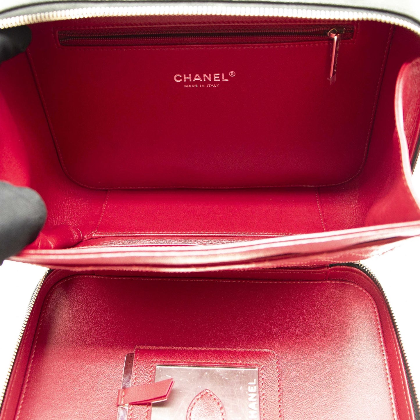Chanel Black and White Striped Caviar Large Filigree Vanity Case Bag