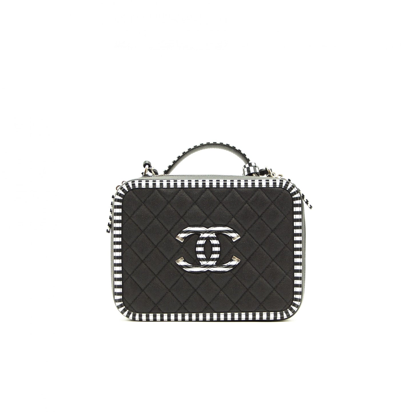 Chanel Black and White Striped Caviar Large Filigree Vanity Case Bag