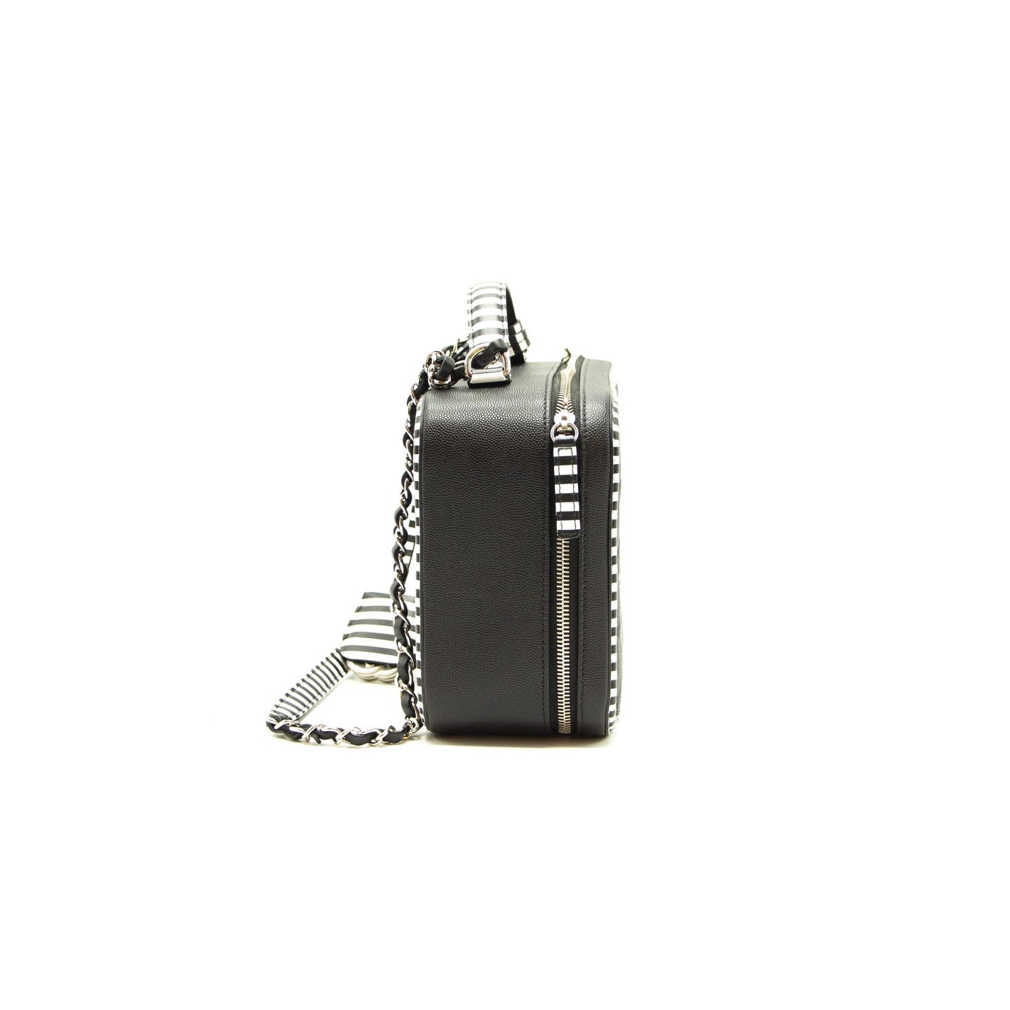 Chanel Black and White Striped Caviar Large Filigree Vanity Case Bag