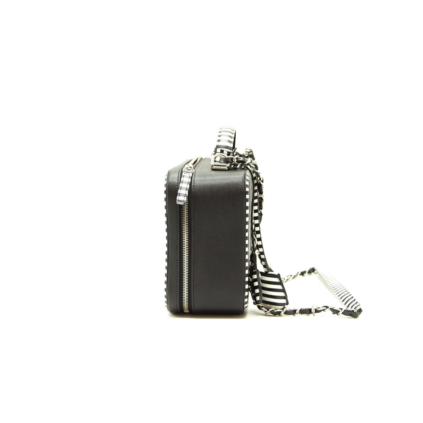 Chanel Black and White Striped Caviar Large Filigree Vanity Case Bag