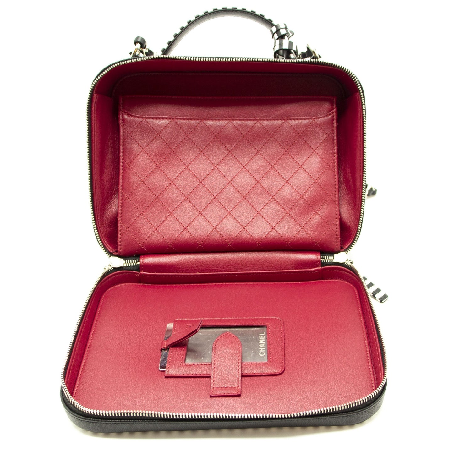 Chanel Black and White Striped Caviar Large Filigree Vanity Case Bag