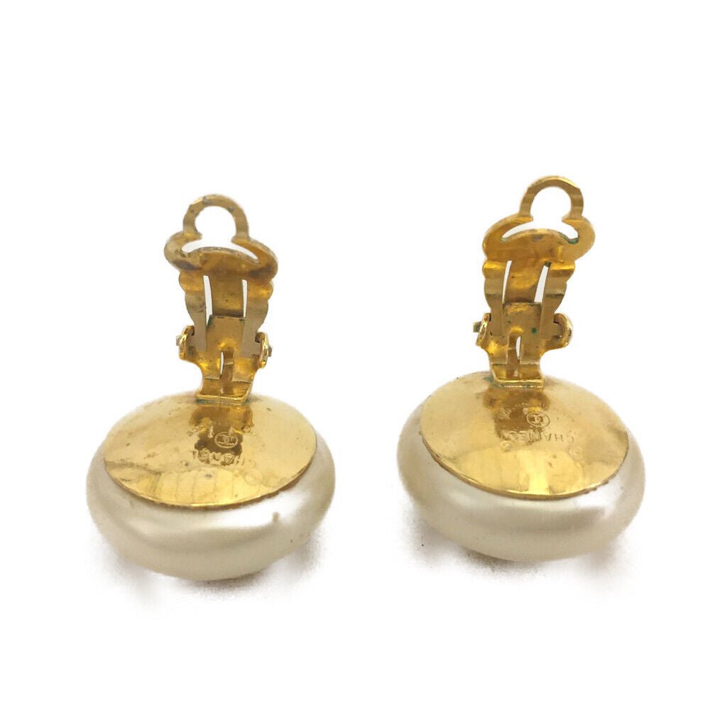 CHANEL CC Logo Pearl Ball Shape Gold Tone Earrings