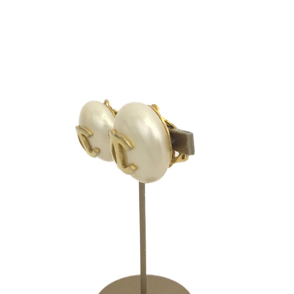 CHANEL CC Logo Pearl Ball Shape Gold Tone Earrings