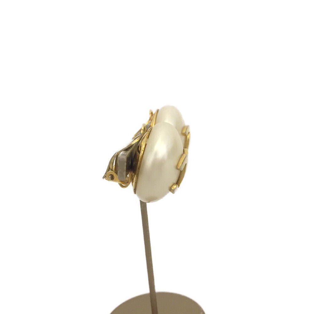 CHANEL CC Logo Pearl Ball Shape Gold Tone Earrings