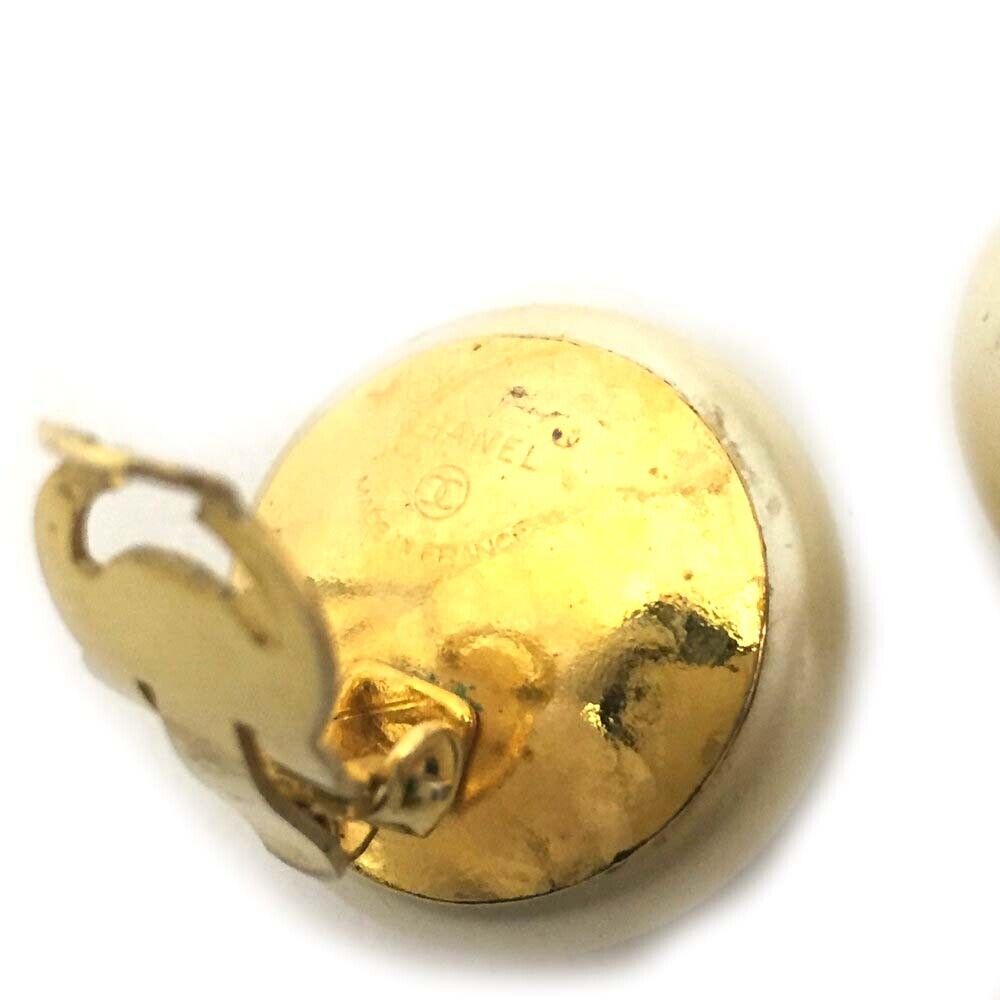 CHANEL CC Logo Pearl Ball Shape Gold Tone Earrings