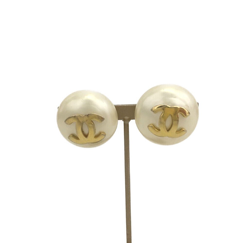 CHANEL CC Logo Pearl Ball Shape Gold Tone Earrings