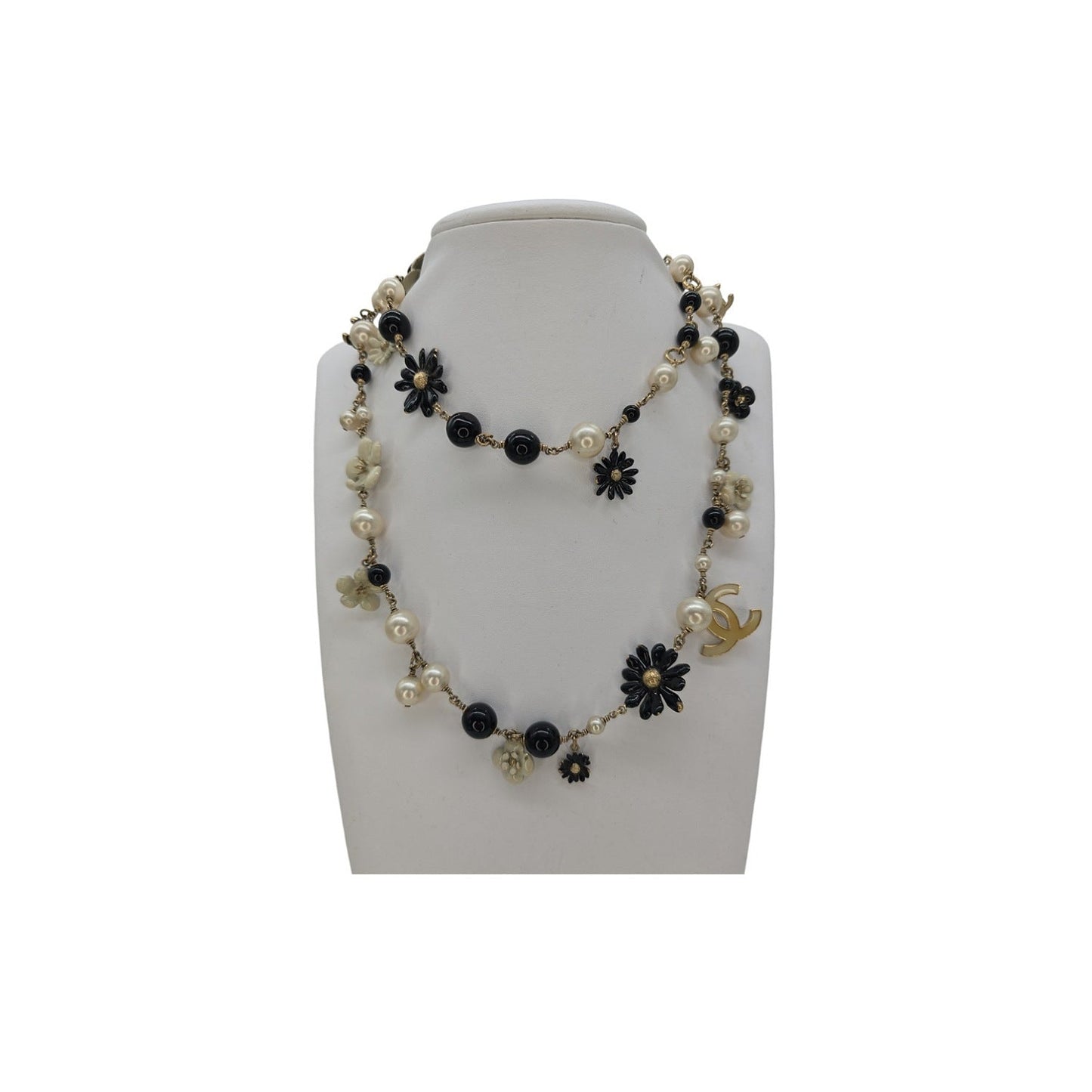 Chanel CC Camellia Black Bead Faux Pearl Long Necklace
