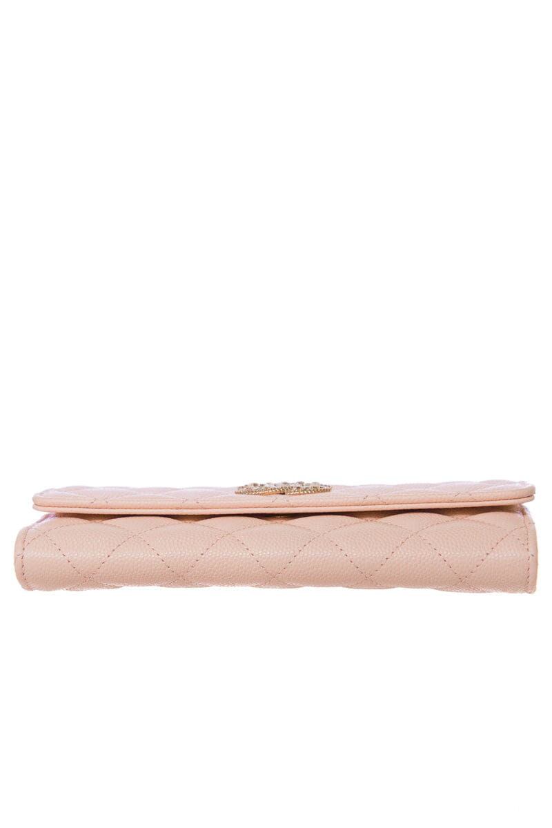 Chanel Light Pink Caviar Quilted Crystal CC Large Gusset Flap Wallet