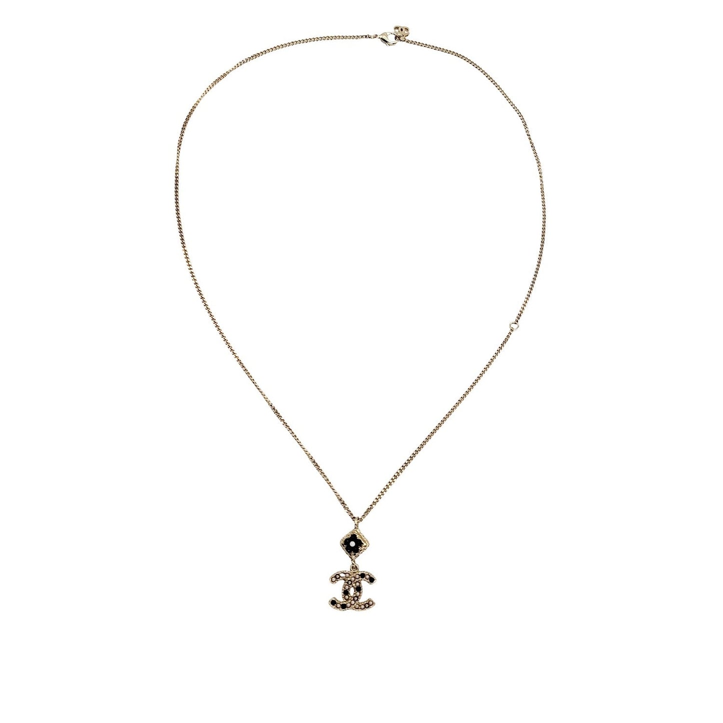 Chanel CC Logo Flower Black Bead Faux Pearl Necklace